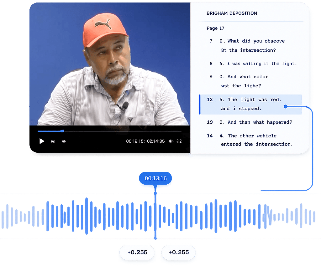 Word-accurate sync: video, transcript page:line, and waveform linked together